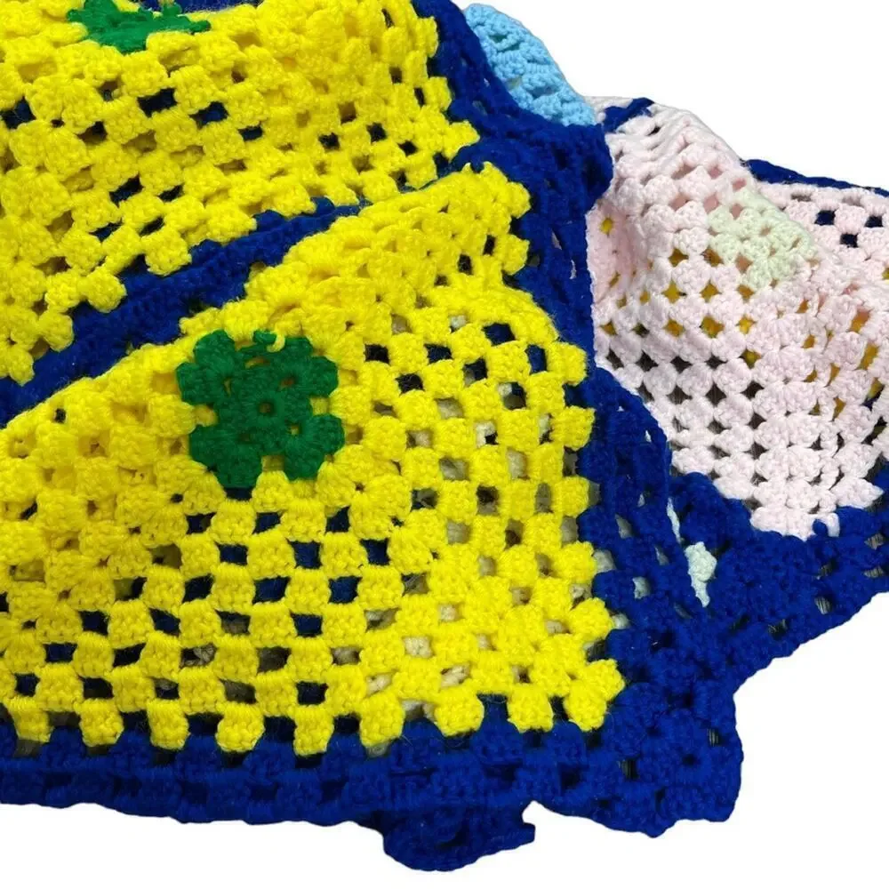 Vintage Afghan Handmade Granny Square Crochet Knit Blanket Multicolored Throw